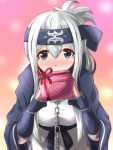  1girl ainu_clothes backlighting bandage bandaged_arm blue_gloves blurry blurry_background blush box breasts brown_eyes chains depth_of_field embarrassed eyebrows_visible_through_hair fingerless_gloves gift gift_box gloves headband holding holding_gift kamoi_(kantai_collection) kantai_collection leaning_forward long_hair long_sleeves looking_at_viewer medium_breasts nose_blush polka_dot raised_eyebrows red_ribbon ribbon shiny shiny_hair sidelocks silver_hair solo tareme valentine wide_sleeves yukimi_unagi 