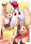  1girl ;d ahoge animal animal_ears bent_over blue_eyes commentary_request dog_ears dog_tail fang fur_scarf hair_ornament highres holding holding_animal japanese_clothes jiiwara light_brown_hair long_hair looking_at_viewer one_eye_closed open_mouth original pleated_skirt shiba_inu skirt smile tail thick_eyebrows wide_sleeves 