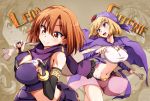  2girls bandanna blonde_hair blue_eyes breasts brown_hair cape cleavage elbow_gloves gloves highres large_breasts midriff multiple_girls orange_eyes runaru sennen_sensou_aigis short_hair skirt tagme 