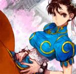  1girl bracelet breasts brown_eyes brown_hair bun_cover china_dress chinese_clothes chun-li double_bun dress earrings jewelry large_breasts lowres pantyhose solo spiked_bracelet spikes street_fighter street_fighter_v toi8 