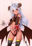  1girl :q ahoge bikini black_bikini black_legwear blush box brown_gloves brown_wings closed_mouth dark_skin demon_girl demon_horns demon_tail demon_wings diagonal-striped_background elbow_gloves gift gift_box gloves gluteal_fold gradient gradient_background heart holding holding_gift horns index_finger_raised legs_apart lips long_hair looking_at_viewer low_wings navel original plaid pointy_ears red_eyes red_ribbon ribbon riel_(yua) signature silver_hair standing stomach straight_hair striped striped_background swimsuit tail thigh-highs tongue tongue_out translation_request valentine very_long_hair wings yua_(checkmate) 