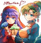  2girls blue_eyes blue_hair blush dress fire_emblem fire_emblem:_fuuin_no_tsurugi fire_emblem:_rekka_no_ken fire_emblem_heroes green_eyes green_hair hat high_ponytail jewelry lilina long_hair looking_at_viewer lyndis_(fire_emblem) multiple_girls ponytail simple_background smile 