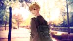  1boy bag blazer blonde_hair commentary_request green_eyes honeyworks jacket looking_back male_focus open_mouth school_uniform smile solo tree yamako_(state_of_children) 