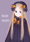  1girl abigail_williams_(fate/grand_order) absurdres bangs black_bow black_dress black_hat blonde_hair blue_eyes bow character_name commentary_request dress fate/grand_order fate_(series) hair_bow hat highres long_hair looking_at_viewer orange_bow parted_bangs parted_lips polka_dot polka_dot_bow purple_background sidelocks simple_background solo very_long_hair zeroasann 