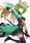 1girl animal_ears archer_of_red arrow atalanta_(fate) black_gloves black_legwear blonde_hair bow_(weapon) breasts cat_ears closed_mouth fate/apocrypha fate_(series) gloves green_eyes green_hair hair_between_eyes highres kofunami_nana long_hair looking_at_viewer multicolored_hair pose puffy_short_sleeves puffy_sleeves short_sleeves sidelocks simple_background skirt small_breasts smile solo thigh-highs two-tone_hair weapon white_background 