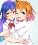  2girls bangs blue_eyes blue_hair blush bow bowtie cheek-to-cheek commentary_request dorisu2 eyebrows_visible_through_hair hair_between_eyes highres kousaka_honoka long_hair looking_at_viewer love_live! love_live!_school_idol_project multiple_girls one_eye_closed one_side_up open_mouth orange_hair otonokizaka_school_uniform red_neckwear school_uniform shirt short_sleeves simple_background smile sonoda_umi striped_neckwear white_shirt yellow_eyes 