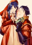  1boy 1girl artist_request blue_hair blush cape carrying closed_eyes dress father_and_daughter fire_emblem fire_emblem:_fuuin_no_tsurugi fire_emblem:_rekka_no_ken fire_emblem_heroes gift gloves hat hector_(fire_emblem) lilina long_hair short_hair simple_background smile 