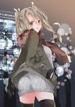  1girl alternate_costume ass black_legwear brown_scarf city city_lights closed_mouth coat commentary cowboy_shot from_behind fur_trim green_coat green_eyes green_hair grey_hair hair_between_eyes hair_ribbon hand_in_pocket kantai_collection lipstick long_hair long_sleeves looking_at_viewer looking_back makeup ribbon saiko_(saisaka) smile solo striped sweater thigh-highs twintails vertical_stripes white_ribbon white_sweater zuikaku_(kantai_collection) 