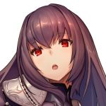 bangs brown_hair commentary_request eyebrows_visible_through_hair fate/grand_order fate_(series) hair_between_eyes keemu_(occhoko-cho) long_hair looking_at_viewer lowres open_mouth pauldrons red_eyes scathach_(fate/grand_order) white_background 