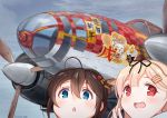  2girls :d aircraft airplane black_hair blonde_hair blue_eyes bow commentary_request dog hair_bow hair_flaps hair_ornament hair_ribbon hairclip highres kantai_collection kuroten long_hair looking_at_viewer multiple_girls open_mouth red_eyes remodel_(kantai_collection) ribbon self_shot shigure_(kantai_collection) smile translation_request v yuudachi_(kantai_collection) 
