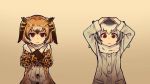  2girls :| bangs black_hair blonde_hair buttons closed_mouth coat empty_eyes eurasian_eagle_owl_(kemono_friends) eyebrows eyebrows_visible_through_hair facing_viewer fur_collar gradient gradient_background grey_coat hair_between_eyes hands_on_own_head kemono_friends long_sleeves looking_at_viewer multicolored_hair multiple_girls northern_white-faced_owl_(kemono_friends) orange_eyes orange_hair ouka_(yama) pocket short_hair sleeve_cuffs upper_body white_hair x_arms 