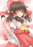  1girl ;d absurdres ascot bangs blouse blunt_bangs blush bow chocolate chocolate_hair commentary detached_sleeves frilled_shirt_collar frills hair_bow hair_ribbon hair_tubes hakurei_reimu highres large_bow looking_at_viewer medium_hair one_eye_closed open_mouth ribbon ribbon-trimmed_sleeves ribbon_trim skirt skirt_set smile solo spoon touhou unira valentine wide_sleeves yellow_neckwear 