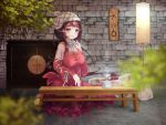  1girl breasts cathayan dress hourglass large_breasts long_hair looking_at_viewer official_art original red_dress red_eyes solo wooden_table 