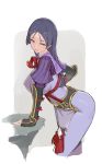  1girl bangs blue_eyes closed_mouth commentary ears_visible_through_hair fate/grand_order fate_(series) highres leaning_on_object long_hair looking_at_viewer minamoto_no_raikou_(fate/grand_order) multicolored multicolored_clothes purple_hair simple_background solo tassel tim_loechner 