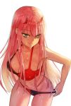  1girl bikini breasts closed_mouth commentary_request darling_in_the_franxx green_eyes horns long_hair looking_at_viewer medium_breasts pink_hair simple_background smile solo swimsuit tutler wet white_background zero_two_(darling_in_the_franxx) 