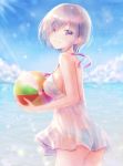  1girl ass ball bare_shoulders beachball blue_sky breasts clouds day fate/grand_order fate_(series) looking_at_viewer mash_kyrielight medium_breasts ocean outdoors sanka_tan see-through short_hair silver_hair sky smile solo standing swimsuit 