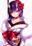  1girl alcohol bangs bow choker closed_mouth collarbone commentary_request eyebrows_visible_through_hair fangs fangs_out fate/grand_order fate_(series) fingernails fujikiri_yana fur_collar glasses hair_bow head_tilt holding horns japanese_clothes kimono long_sleeves looking_at_viewer masu oni oni_horns purple_hair red_bow red_choker round_eyewear sake short_hair shuten_douji_(fate/grand_order) signature smile solo thick_eyebrows violet_eyes white_kimono wide_sleeves 