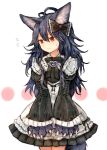  1girl alternate_costume animal_ears blue_hair claws dress fenrir_(shingeki_no_bahamut) frilled_dress frills granblue_fantasy highres long_hair red_eyes ribbon shingeki_no_bahamut sukemyon sweatdrop tail white_background wolf_ears wolf_girl wolf_tail 