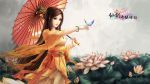  1girl butterfly flower highres holding holding_umbrella japanese_clothes kimono long_sleeves obi oriental_umbrella outdoors parasol rakuhei sash smile umbrella wide_sleeves 