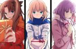  3girls ahoge artoria_pendragon_(all) black_hair blonde_hair blue_eyes blue_scarf blush box closed_mouth commentary_request eyebrows_visible_through_hair fate/stay_night fate_(series) gift gift_box green_eyes hair_ribbon highres holding holding_gift incoming_gift jacket long_hair looking_at_viewer matou_sakura multiple_girls open_mouth orange_scarf pink_jacket pink_scarf purple_hair red_jacket ribbon saber scarf short_hair smile tohsaka_rin twintails valentine violet_eyes white_jacket yuuma_(u-ma) 