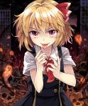  1girl black_dress blonde_hair city commentary_request dress e.o. eyebrows_visible_through_hair hair_ribbon highres looking_at_viewer neck_ribbon night night_sky red_eyes red_neckwear red_ribbon ribbon rumia shirt short_hair short_sleeves skull sky smile solo tongue tongue_out touhou upper_body v-shaped_eyebrows white_shirt 