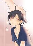  1boy ahoge black_hair blush closed_eyes cr-r hikigaya_hachiman male_focus petting shirt solo_focus sweat yahari_ore_no_seishun_lovecome_wa_machigatteiru. 