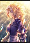  1girl armor armored_dress bangs banner black_ribbon blonde_hair blue_eyes braid breasts capelet chains closed_mouth clouds cloudy_sky collar corset day eyebrows_visible_through_hair fal fate/apocrypha fate/grand_order fate_(series) from_side gauntlets highres jeanne_d&#039;arc_(fate) jeanne_d&#039;arc_(fate)_(all) light_rays long_hair looking_away low-tied_long_hair medium_breasts ponytail profile purple_legwear ribbon ruler_(fate/apocrypha) sheath sheathed shiny shiny_hair single_braid sky smile solo standing sunbeam sunlight sword thigh-highs twitter_username underbust upper_body very_long_hair weapon 