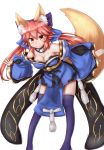  1girl animal_ears blue_legwear breasts cleavage collarbone detached_sleeves fang fate/extra fate/grand_order fate_(series) fox_ears fox_tail highres horokusa_(korai) japanese_clothes large_breasts looking_at_viewer pink_hair simple_background smile solo tail tamamo_(fate)_(all) tamamo_no_mae_(fate) white_background yellow_eyes 