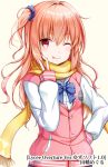  ;) blue_bow bow hand_on_hip inaba_meguru jacket long_hair looking_at_viewer na53 one_eye_closed pink_hair red_eyes sanoba_witch scarf scrunchie smile tongue tongue_out upper_body v watermark yellow_scarf yuzu-soft 