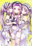  3girls bangs black_bow bow breasts choker closed_mouth collarbone commentary_request dress euryale eyebrows_visible_through_hair fate/grand_order fate/hollow_ataraxia fate_(series) frilled_choker frills girl_sandwich hairband hand_holding highres interlocked_fingers jewelry lolita_hairband long_hair medusa_(lancer)_(fate) multiple_girls navel panties parted_lips pink_choker pink_eyes profile purple_hair purple_panties rider ring robisonjr sandwiched small_breasts smile stheno strapless strapless_dress twintails underwear very_long_hair violet_eyes white_dress yuri 
