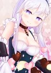  1girl argyle argyle_background azur_lane bangs belfast_(azur_lane) black_dress black_gloves blue_eyes blush breasts broken broken_chain chains chocolate chocolate_heart cleavage closed_mouth collarbone commentary_request dress elbow_gloves eyebrows_visible_through_hair gloves hair_between_eyes heart heart_background highres kuma_no_yume looking_at_viewer maid maid_headdress medium_breasts silver_hair smile solo valentine 