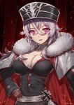  1girl :d azur_lane breasts cape cleavage collarbone embers eyebrows_visible_through_hair fur_trim graf_zeppelin_(azur_lane) grey_hair hand_on_hips hat iron_cross large_breasts long_hair long_sleeves looking_at_viewer open_mouth smile solo tansan_daisuki upper_body violet_eyes 