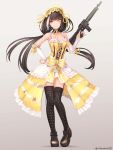  1girl absurdres bangs bare_shoulders black_bow blunt_bangs boots bow breasts brown_footwear cleavage closed_mouth collarbone cross-laced_footwear detached_sleeves dress eyebrows_visible_through_hair frilled_dress frilled_sleeves frills full_body garter_straps girls_frontline grey_background gun hair_ribbon hand_on_hip heterochromia highres holding holding_gun holding_weapon lace-up_boots layered_dress lolita_fashion long_hair long_sleeves looking_at_viewer medium_breasts neck_garter neck_ribbon npt_(akzkfhsk0503) pigeon-toed pinky_out ribbon ro635 ro635_(girls_frontline) simple_background sleeveless sleeveless_dress smile solo standing thigh-highs thigh_boots thigh_gap twintails twitter_username weapon yellow_bow yellow_dress yellow_ribbon 