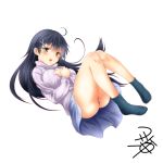  1girl alternate_costume black_hair blue_skirt blush feet kantai_collection long_hair long_sleeves no_shoes open_mouth signature simple_background skirt socks solo ushio_(kantai_collection) white_background yellow_eyes yua_(checkmate) 