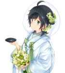  1girl ahoge alternate_costume black_hair blue_eyes bouquet cup flower highres holding kantai_collection malachite matsukaze_(kantai_collection) sakazuki short_hair simple_background smile solo white_background white_flower 