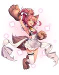  1girl :d animal_ears apron arm_up armpits bell black_bra blush bow bra breasts brown_footwear brown_gloves brown_hairband cleavage collar eyebrows_visible_through_hair fake_animal_ears fang fate/extra fate_(series) fox_ears fox_tail full_body gloves hair_bow highres jingle_bell jumping lee_seok_ho leg_garter legs_together long_hair looking_at_viewer medium_breasts nearly_naked_apron open_mouth paw_gloves paw_shoes paws pink_hair ponytail red_bow round_teeth shiny shiny_hair shoes single_thighhigh smile solo square tail tamamo_(fate)_(all) tamamo_cat_(fate) tamamo_no_mae_(fate) teeth thigh-highs underwear white_apron white_legwear yellow_eyes 