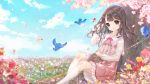  1girl absurdres animal animal_on_lap bangs bird blue_sky bluebird blush brown_eyes brown_hair butterfly cat cat_on_lap cherry_blossoms closed_mouth clouds collarbone commission danby_merong day dress eyebrows_visible_through_hair flower head_tilt highres kneehighs long_hair long_sleeves looking_at_viewer original outdoors pink_dress red_flower sitting sky smile solo spring_(season) tree white_legwear 