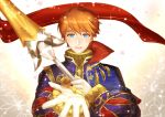  1boy artist_request blue_eyes blush cape eliwood_(fire_emblem) fire_emblem fire_emblem:_rekka_no_ken fire_emblem_heroes flower gloves highres male_focus redhead short_hair simple_background smile solo 