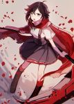  1girl ahoge boots cloak corset crescent_rose ecru petals ruby_rose rwby scythe twitter_username 