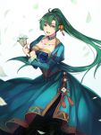  1girl blush breasts dress fire_emblem fire_emblem:_rekka_no_ken fire_emblem_heroes green_eyes green_hair high_ponytail highres long_hair looking_at_viewer lyndis_(fire_emblem) machi_wt ponytail simple_background smile solo 