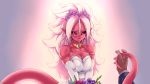 1girl 1male android_21 bare_shoulders black_sclera breasts cleavage dragon_ball dragon_ball_fighterz dress flower hair_flower hair_ornament highres holding_tail jewelry looking_at_viewer majin_android_21 necklace plague_of_gripes pointy_ears pov red_eyes smile solo_focus tail upper_body wedding_dress