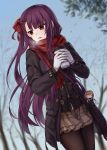  1girl bangs bare_tree black_coat blue_sky blunt_bangs blurry blurry_background blush braid breath brown_legwear brown_skirt character_doll character_request chien_zero coat cup day depth_of_field dutch_angle enpera eyebrows_visible_through_hair floral_print french_braid fringe girls_frontline gloves hair_ribbon highres holding holding_cup lips little_red_riding_hood long_sleeves looking_to_the_side miniskirt open_clothes open_coat outdoors pantyhose paper_cup plaid plaid_skirt print_scarf red_scarf redhead ribbon scarf skirt sky solo straight_hair tree tsurime two-handed wa2000_(girls_frontline) white_gloves 