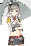  1girl adapted_costume beret commentary_request grey_eyes hat highres holding kantai_collection kashima_(kantai_collection) long_hair looking_at_viewer navel negahami silver_hair simple_background smile solo umbrella white_background 
