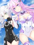  2girls bare_shoulders black_leotard black_sister blancpig_yryr blue_eyes breasts cleavage clouds cloudy_sky covered_navel cowboy_shot day drill_hair elbow_gloves fist_bump gloves green_eyes hair_ornament leotard long_hair medium_breasts multiple_girls neptune_(series) outdoors pink_hair power_symbol purple_sister silver_hair skin_tight sky small_breasts smile symbol-shaped_pupils thigh-highs twin_drills twintails white_leotard 