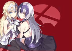  2girls armor armored_dress black_legwear blonde_hair blue_eyes breast_press breasts chains fate/grand_order fate_(series) hand_on_own_chest headpiece jeanne_d&#039;arc_(alter)_(fate) jeanne_d&#039;arc_(fate) jeanne_d&#039;arc_(fate)_(all) large_breasts light_blush long_hair looking_at_viewer mafu9 multiple_girls shadow silver_hair sitting smile symmetrical_docking thigh-highs wariza yellow_eyes 