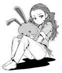  1girl 205str barefoot braid commentary crown_braid curly_hair eyebrows forehead full_body greyscale idolmaster idolmaster_cinderella_girls jacket jewelry long_hair looking_at_viewer monochrome necklace pants seki_hiromi shadow shirt simple_background sitting solo stuffed_animal stuffed_bunny stuffed_toy sweatdrop white_background 