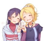  ayase_eli bangs blonde_hair blue_hair closed_eyes commentary_request hair_between_eyes hatagaya long_hair love_live! love_live!_school_idol_project open_mouth ponytail scrunchie simple_background smile sonoda_umi upper_body v 