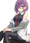  1girl bare_shoulders black_dress black_legwear blush breasts brown-framed_eyewear closed_mouth collared_dress commentary dress eyes_visible_through_hair fate/grand_order fate_(series) glasses hair_over_one_eye hands_on_own_knees highres jacket jun_project knees_together_feet_apart long_sleeves looking_at_viewer mash_kyrielight medium_breasts necktie off_shoulder own_hands_together pantyhose purple_hair red_neckwear semi-rimless_eyewear simple_background sitting sleeveless sleeveless_dress smile solo thighband_pantyhose under-rim_eyewear violet_eyes white_background 