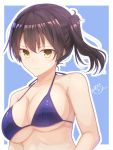  1girl bangs bare_shoulders bikini bikini_top blue_background blue_bikini breasts brown_hair cleavage collarbone halter_top halterneck highres kaga_(kantai_collection) kantai_collection large_breasts looking_at_viewer outline ramchi serious shiny shiny_hair short_hair side_ponytail signature simple_background solo string_bikini swimsuit under_boob upper_body v-shaped_eyebrows white_outline yellow_eyes 