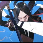  absurdres androgynous angry black_eyes black_hair bort frown gem_uniform_(houseki_no_kuni) highres houseki_no_kuni letterboxed long_hair looking_at_viewer necktie solo sword upper_body weapon 